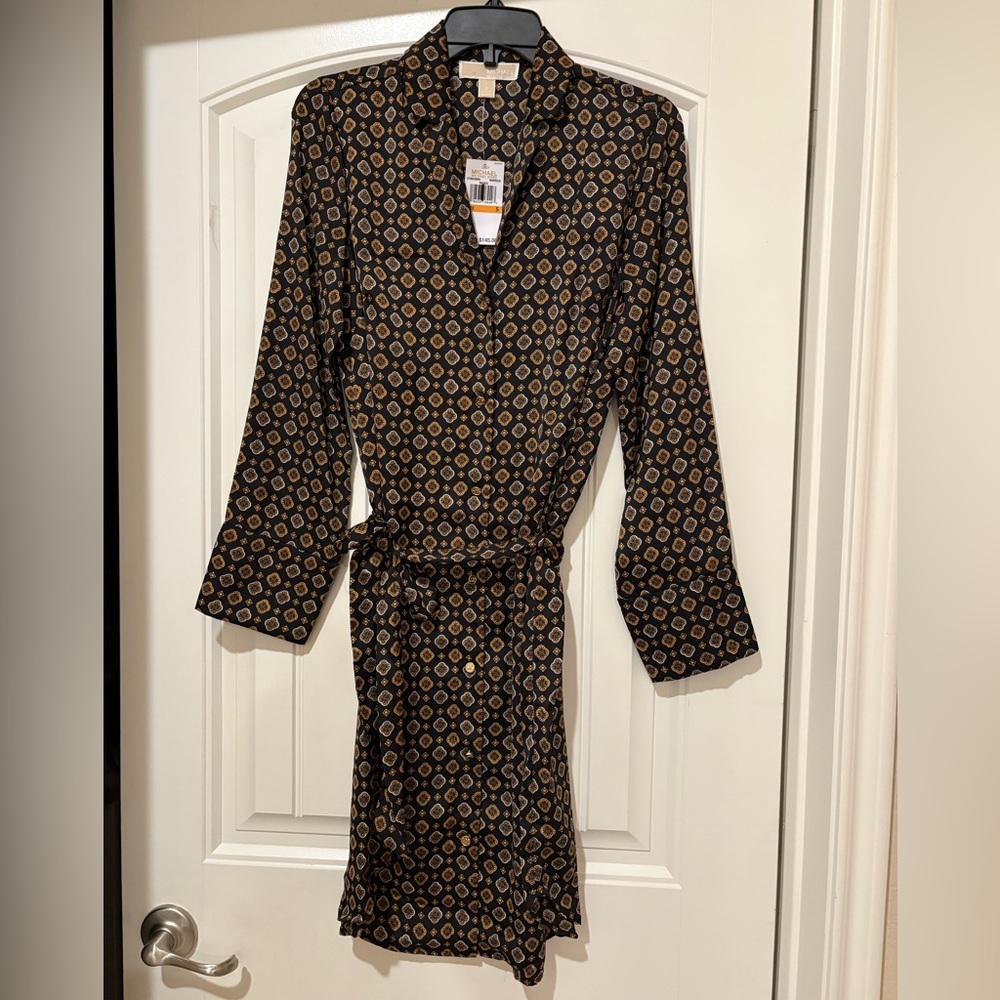 Michael Michael Kors Marigold Geometric Print Shirt Dress Black Gold Small NWT